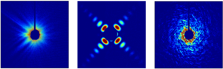 標(biāo)準(zhǔn)樣品圓孔、方孔及鸚鵡螺圖案的相干衍射圖樣。
